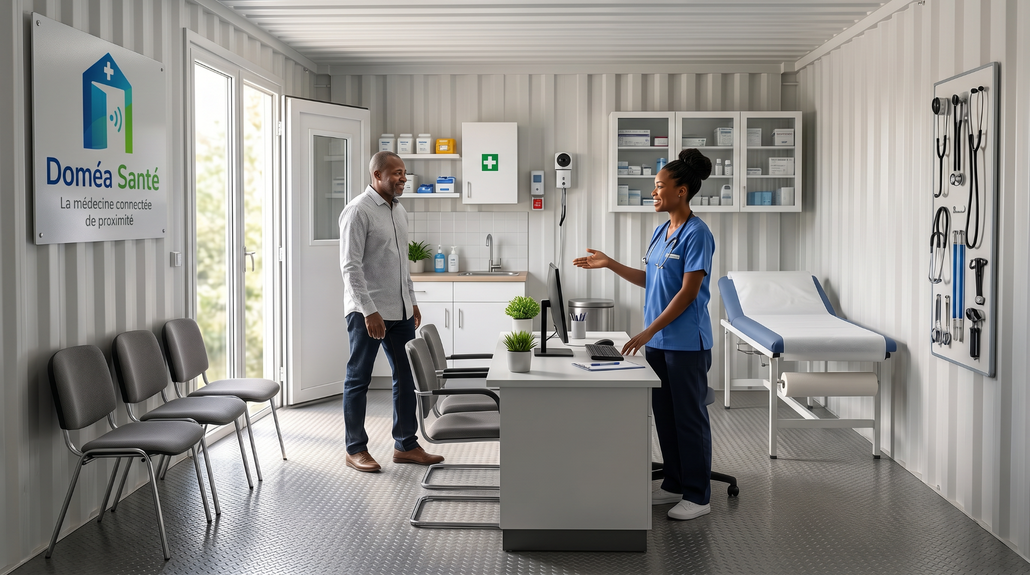 Zone de réception et de soins infirmiers Doméa Santé avec infirmière, patient, poste de travail et espace médical