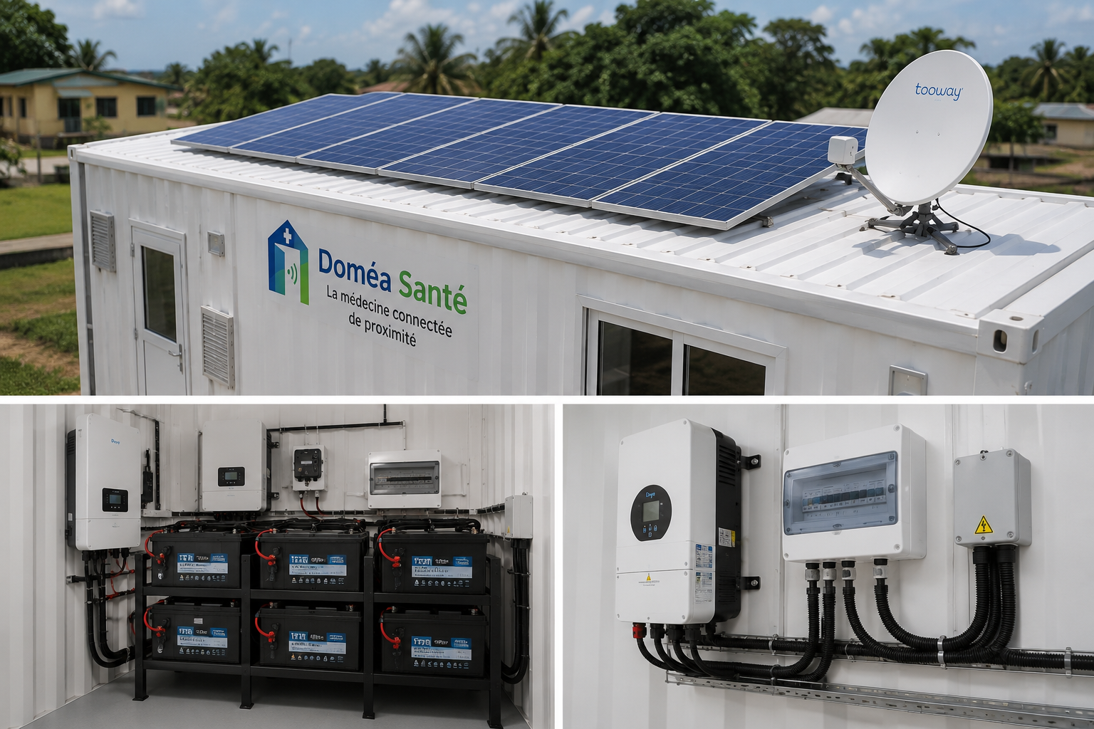Toiture de la box médicale Doméa Santé avec panneaux solaires, antenne satellite, batteries et équipements électriques