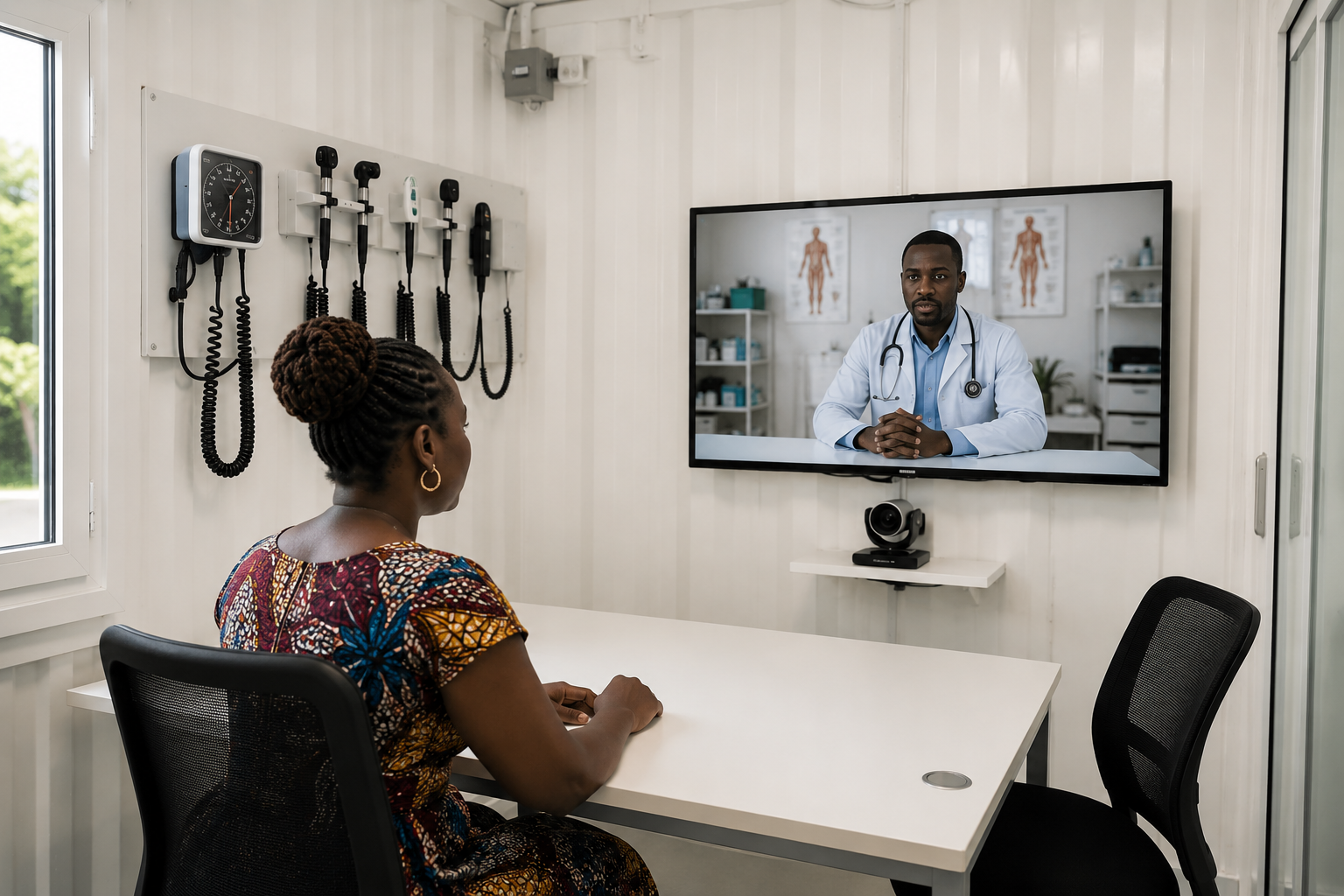 Salle de téléconsultation Doméa Santé avec patient face au médecin à distance et instruments médicaux connectés