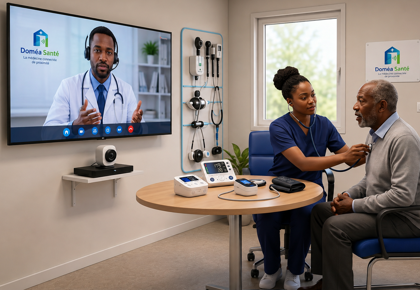 Une infirmière accompagne un patient pendant une téléconsultation médicale